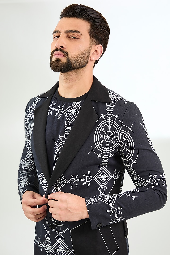 Black Linen Digital Printed Jacket Set by Arun Verma at Pernia's Pop Up Shop
