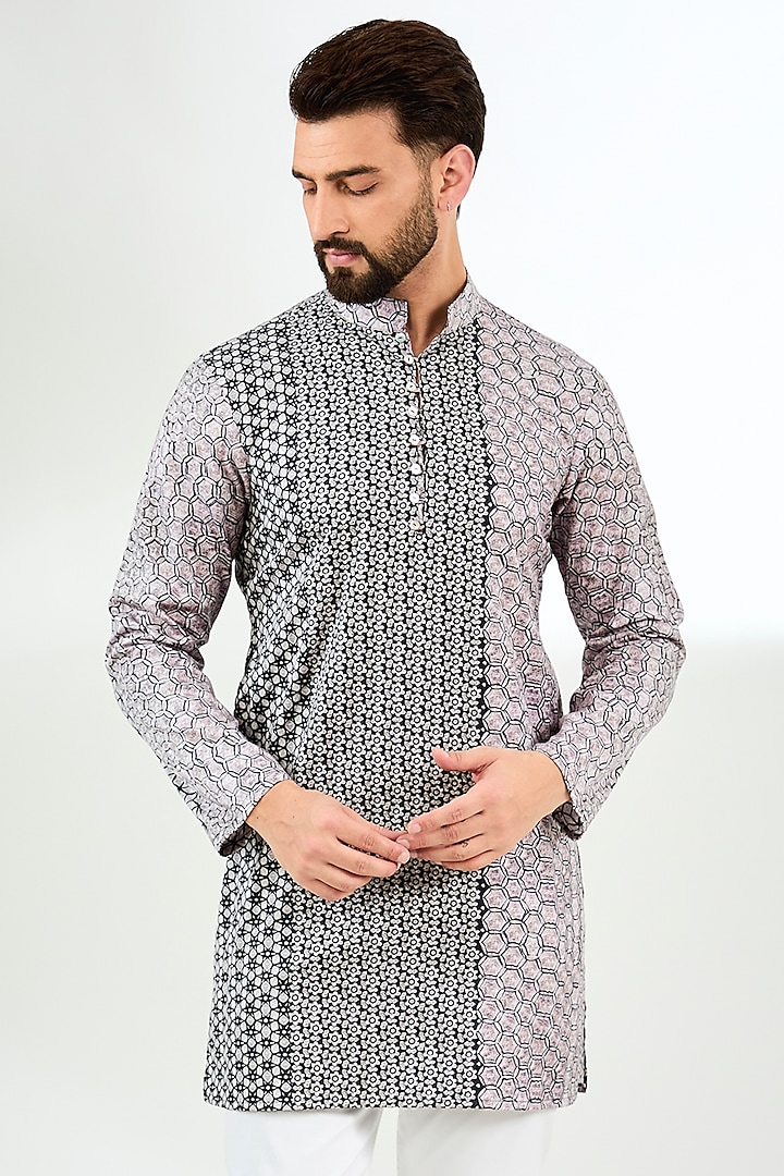 Black Silk Digital Printed Short Kurta by Arun Verma