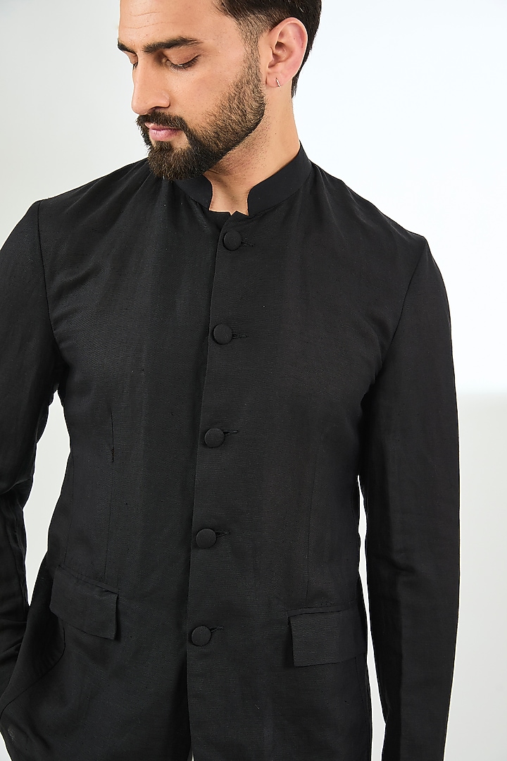 Black Linen Wedding Bandhgala by Arun Verma at Pernia's Pop Up Shop