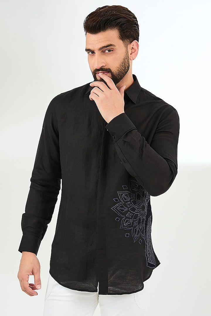 Black Linen Applique Motif Shirt by Arun Verma at Pernia's Pop Up Shop