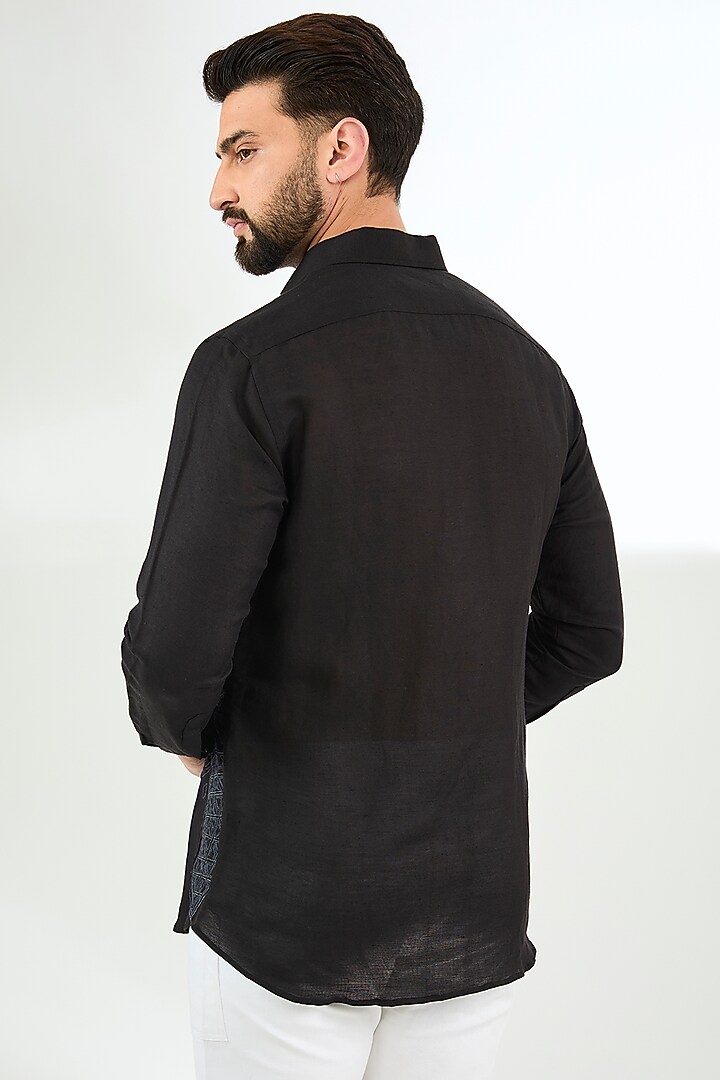 Black Linen Applique Motif Party Wear Shirt by Arun Verma at Pernia's Pop Up Shop