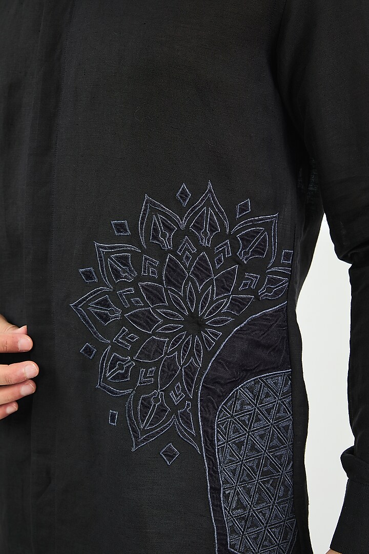 Black Linen Applique Motif Party Wear Shirt by Arun Verma at Pernia's Pop Up Shop