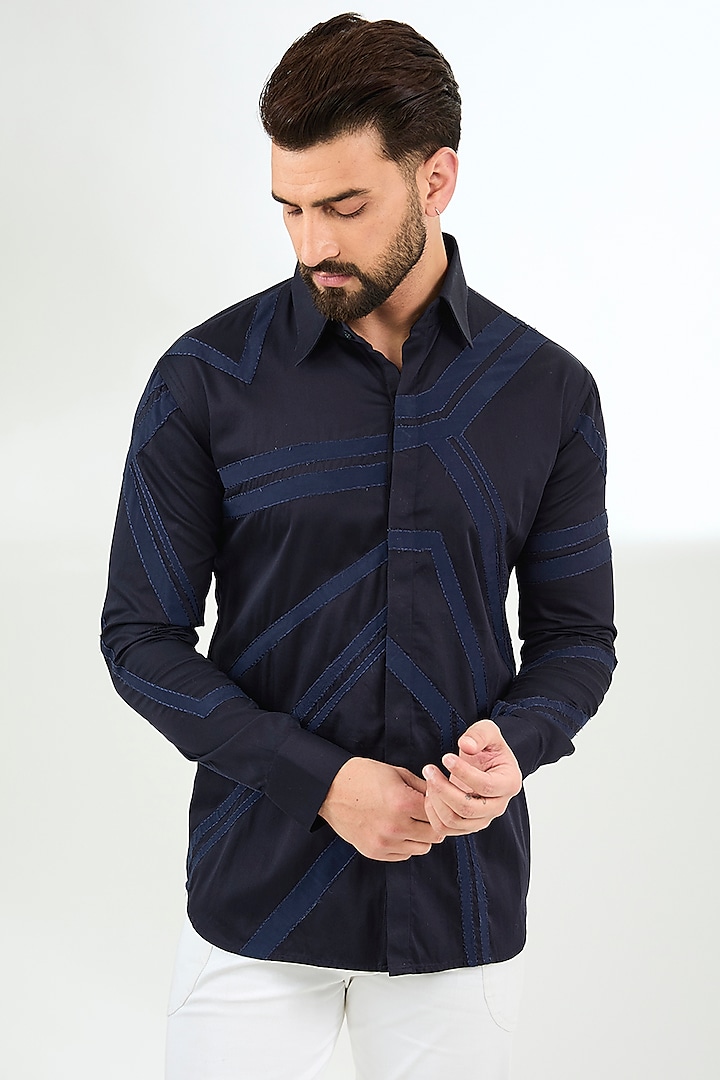 Blue Cotton Satin Geometric Striped Shirt by Arun Verma at Pernia's Pop Up Shop