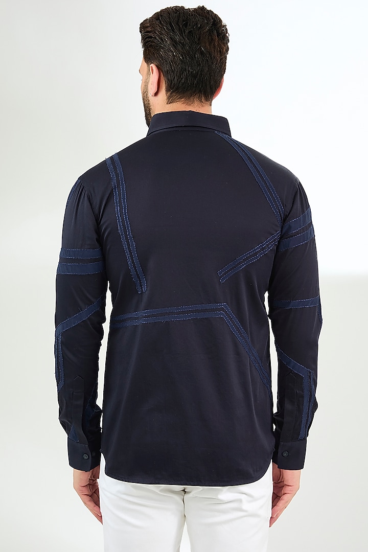 Blue Cotton Satin Geometric Striped Wedding Shirt by Arun Verma at Pernia's Pop Up Shop