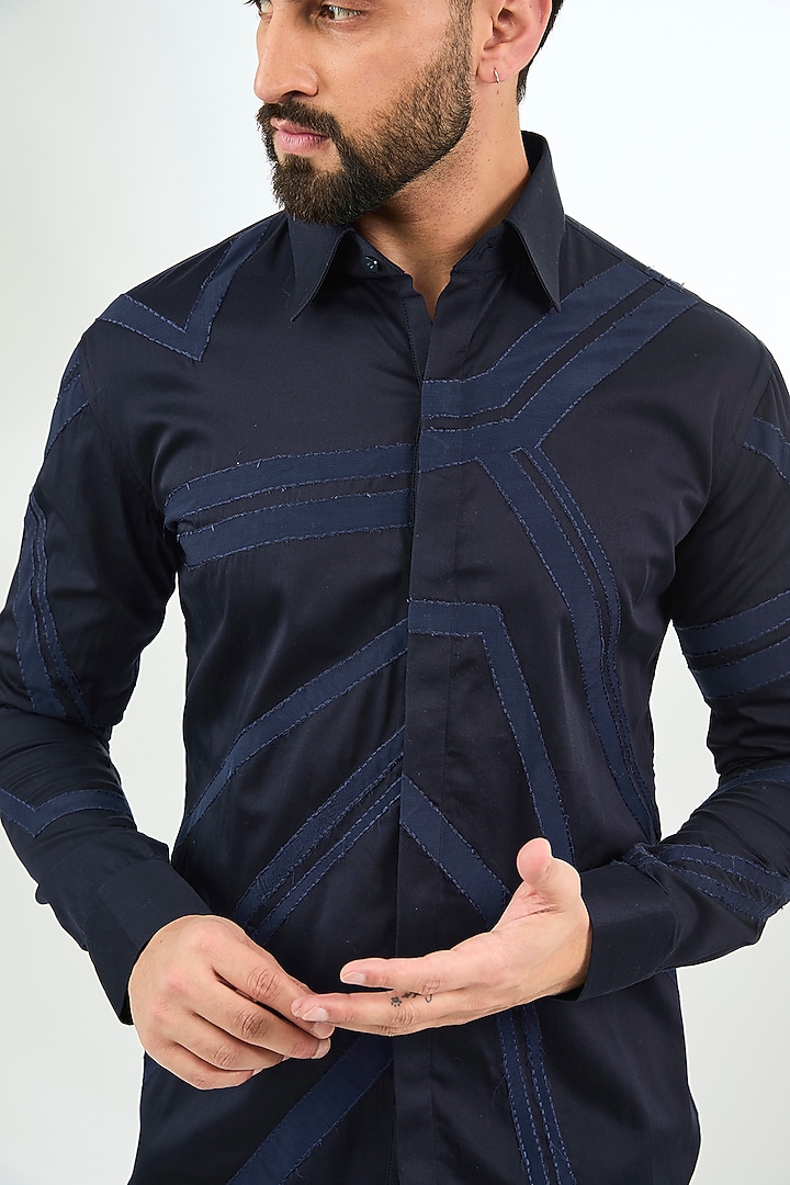 Blue Cotton Satin Geometric Striped Wedding Shirt by Arun Verma at Pernia's Pop Up Shop