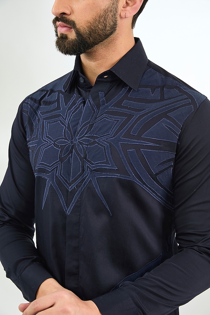 Blue Cotton Satin Applique Work Party Wear Shirt by Arun Verma at Pernia's Pop Up Shop