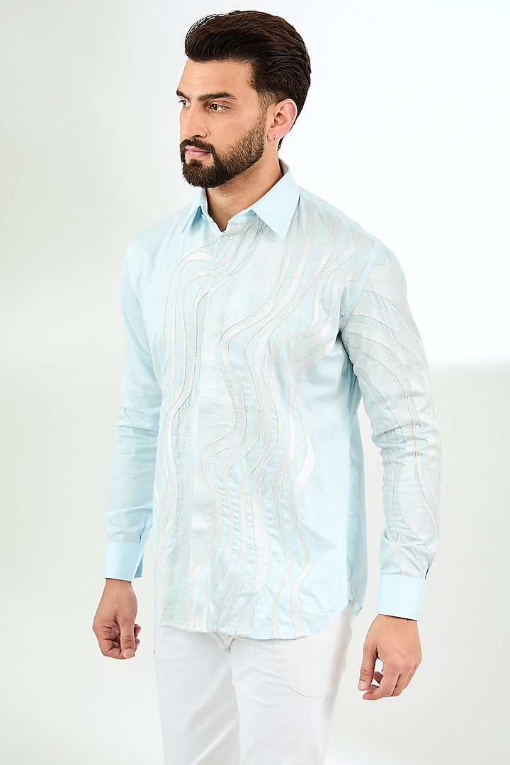 Pale Blue Cotton Satin Resham Work Shirt by Arun Verma at Pernia's Pop Up Shop