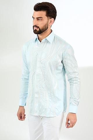 Pale Blue Cotton Satin Resham Work Shirt by Arun Verma