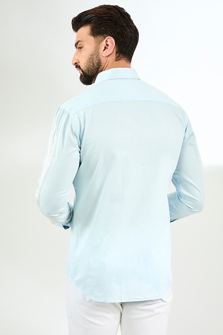 Pale Blue Cotton Satin Resham Work Wedding Shirt by Arun Verma at Pernia's Pop Up Shop