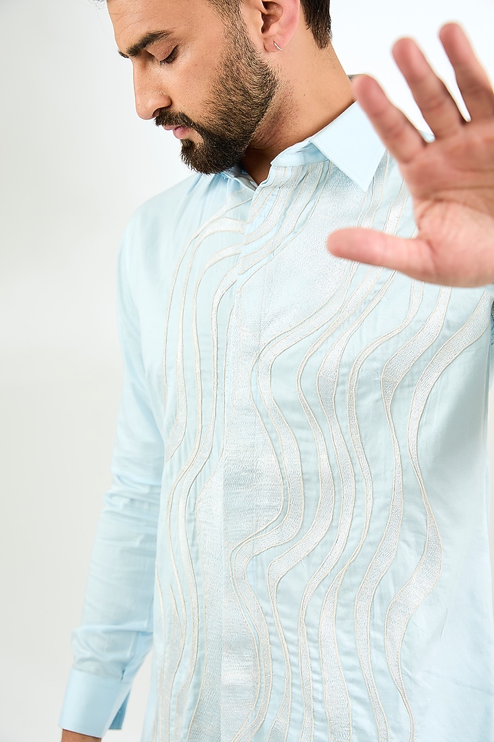Pale Blue Cotton Satin Resham Work Wedding Shirt by Arun Verma at Pernia's Pop Up Shop