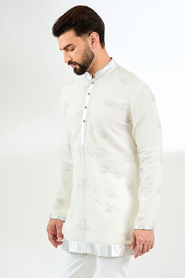 Ivory Linen Hand Embroidered Short Kurta by Arun Verma