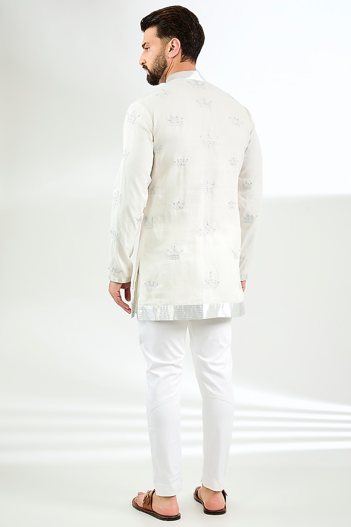 Ivory Linen Hand Embroidered Short Kurta by Arun Verma at Pernia's Pop Up Shop