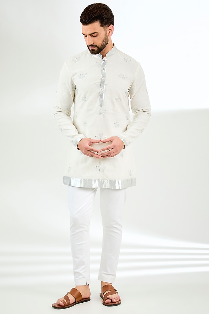 Ivory Linen Hand Embroidered Short Kurta by Arun Verma at Pernia's Pop Up Shop
