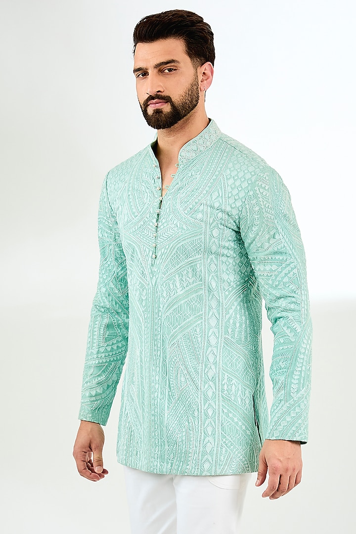 Jade Green Silk Pearl & Resham Embroidered Short Kurta by Arun Verma at Pernia's Pop Up Shop