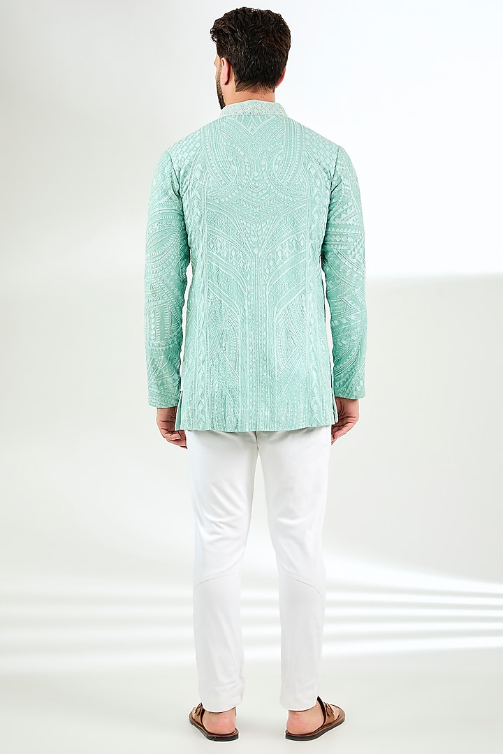 Jade Green Silk Pearl & Resham Embroidered Short Kurta by Arun Verma at Pernia's Pop Up Shop