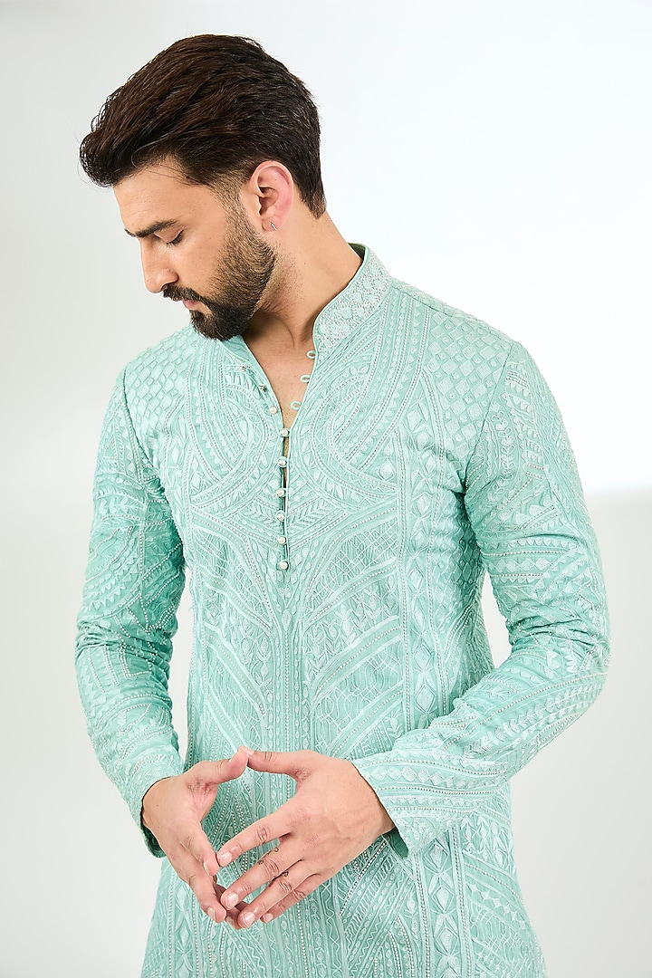 Jade Green Silk Pearl & Resham Embroidered Short Kurta by Arun Verma at Pernia's Pop Up Shop