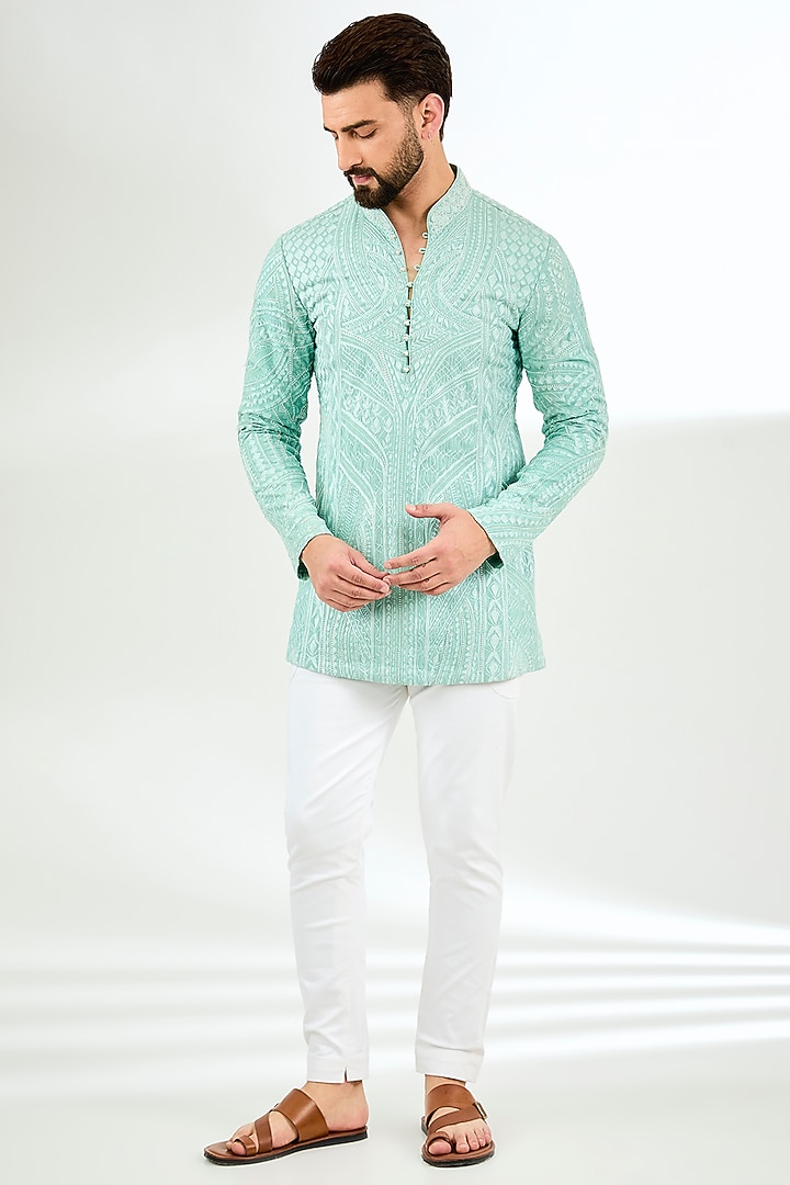 Jade Green Silk Pearl & Resham Embroidered Short Kurta by Arun Verma at Pernia's Pop Up Shop