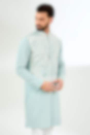 Pale Blue Linen Applique Embroidered Kurta by Arun Verma