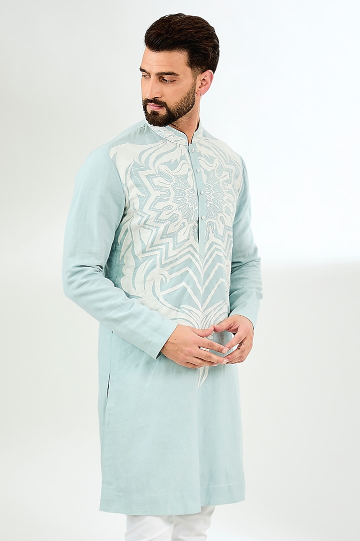 Pale Blue Linen Applique Embroidered Kurta by Arun Verma