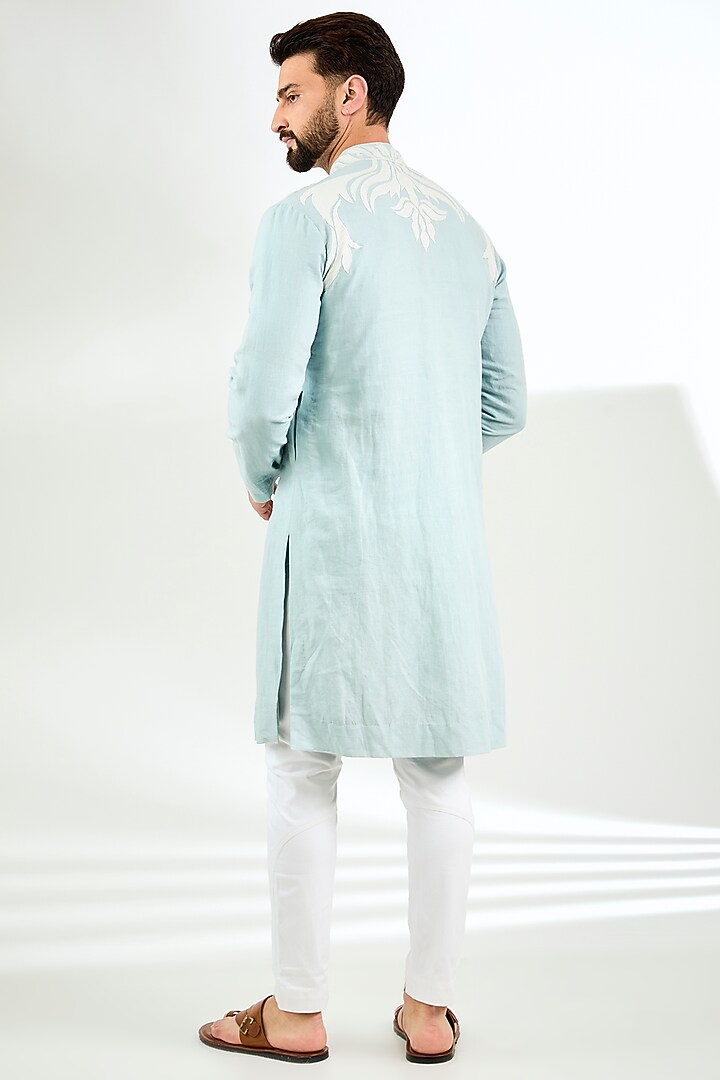 Pale Blue Linen Applique Embroidered Kurta by Arun Verma at Pernia's Pop Up Shop
