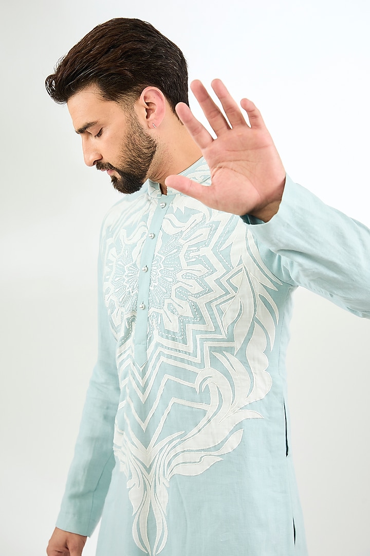 Pale Blue Linen Applique Embroidered Kurta by Arun Verma at Pernia's Pop Up Shop