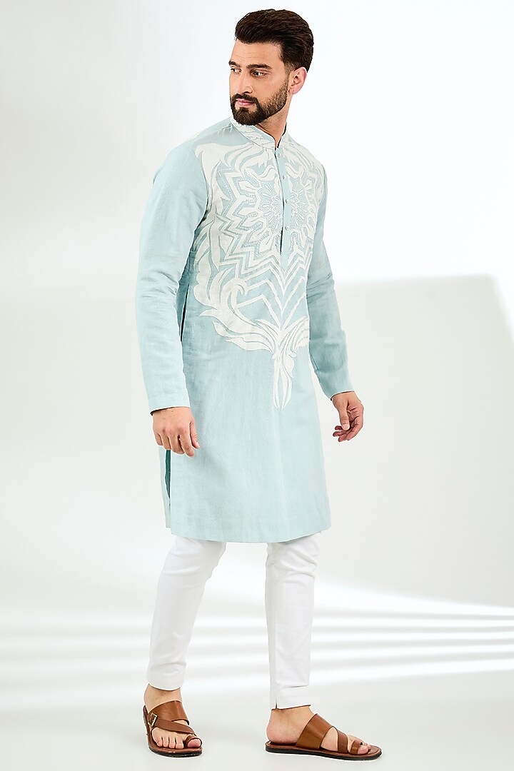 Pale Blue Linen Applique Embroidered Kurta by Arun Verma at Pernia's Pop Up Shop