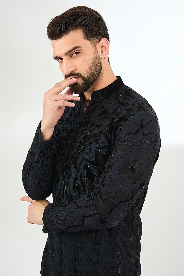 Teal Green Velvet Applique Embroidered Short Kurta by Arun Verma at Pernia's Pop Up Shop