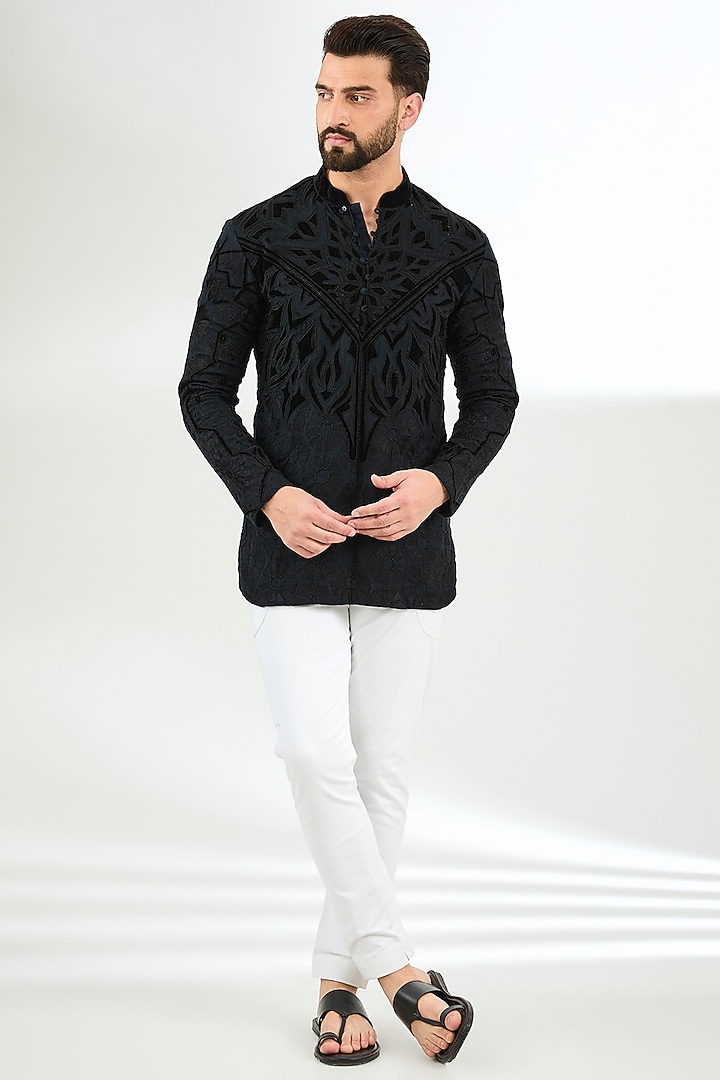 Teal Green Velvet Applique Embroidered Short Kurta by Arun Verma at Pernia's Pop Up Shop