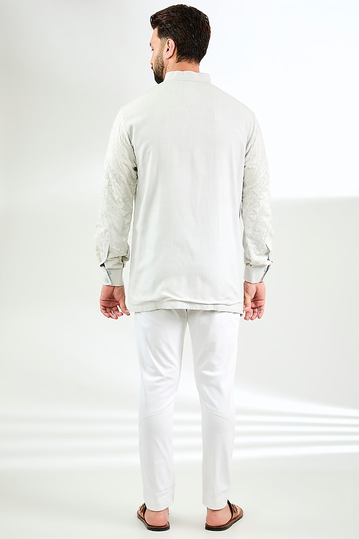 Grey Silk Resham & Applique Embroidered Long Wedding Shirt by Arun Verma at Pernia's Pop Up Shop