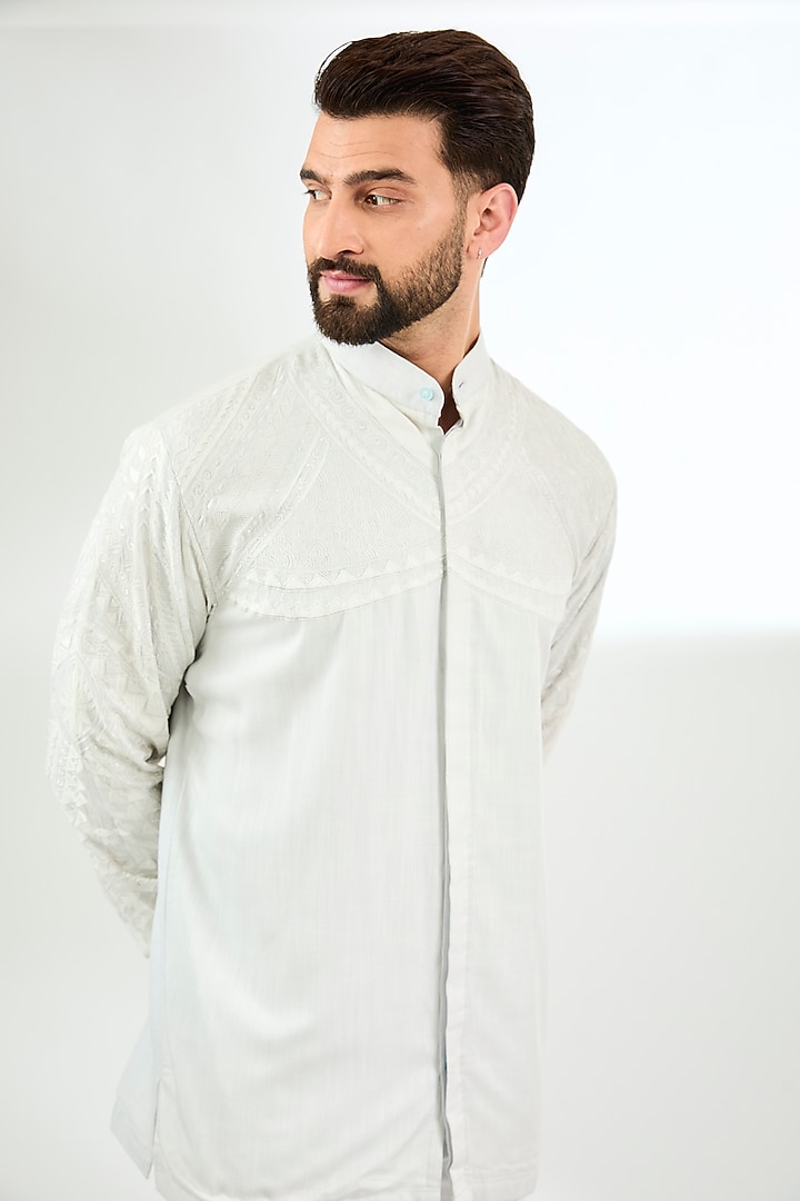 Grey Silk Resham & Applique Embroidered Long Wedding Shirt by Arun Verma at Pernia's Pop Up Shop