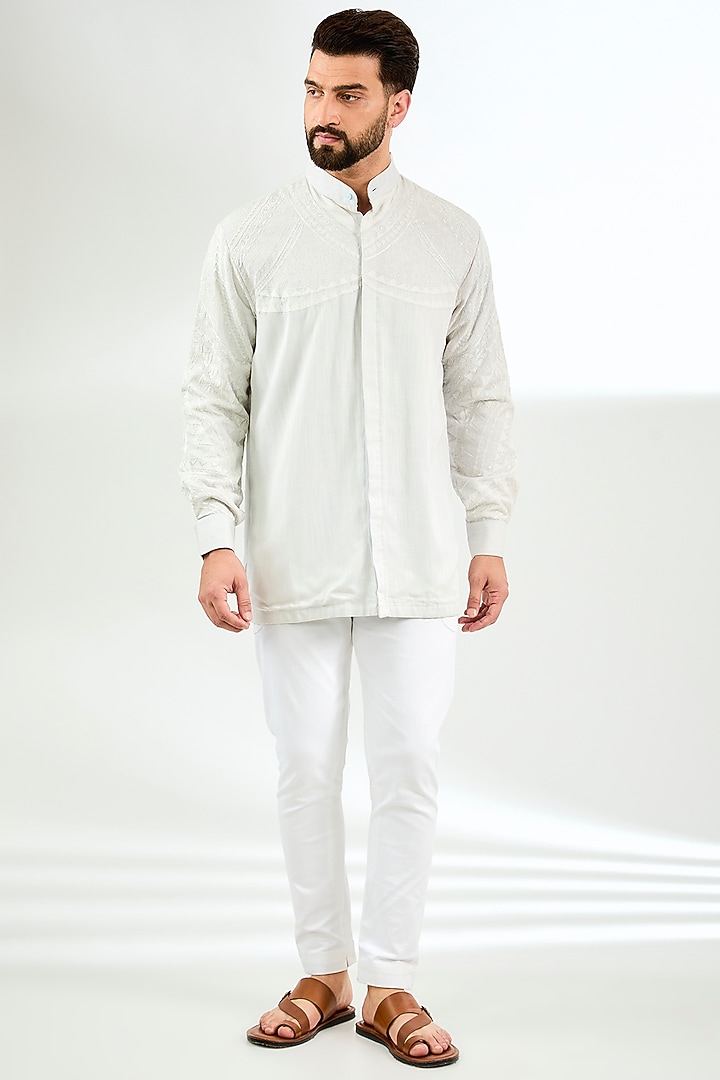 Grey Silk Resham & Applique Embroidered Long Wedding Shirt by Arun Verma at Pernia's Pop Up Shop