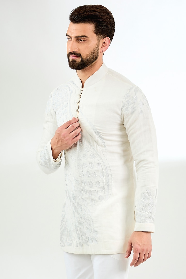 Ivory Linen Thread & Aari Embroidered Short Kurta by Arun Verma