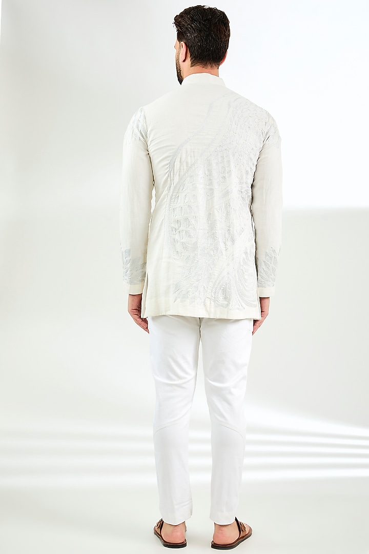 Ivory Linen Thread & Aari Embroidered Short Kurta by Arun Verma at Pernia's Pop Up Shop
