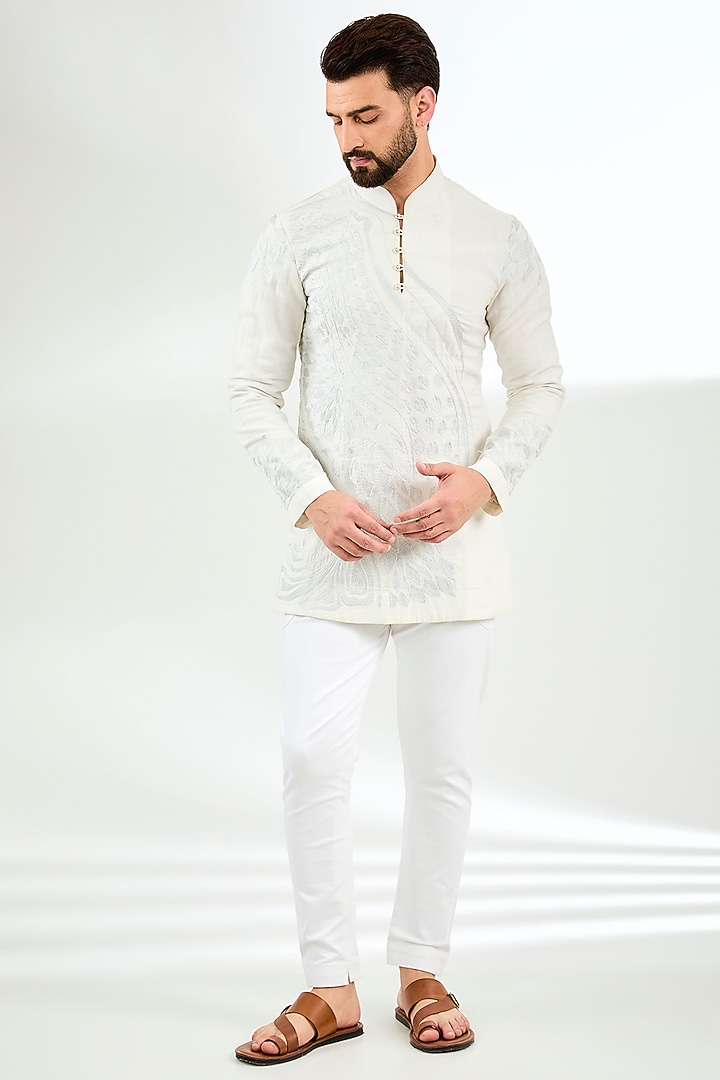 Ivory Linen Thread & Aari Embroidered Short Kurta by Arun Verma at Pernia's Pop Up Shop