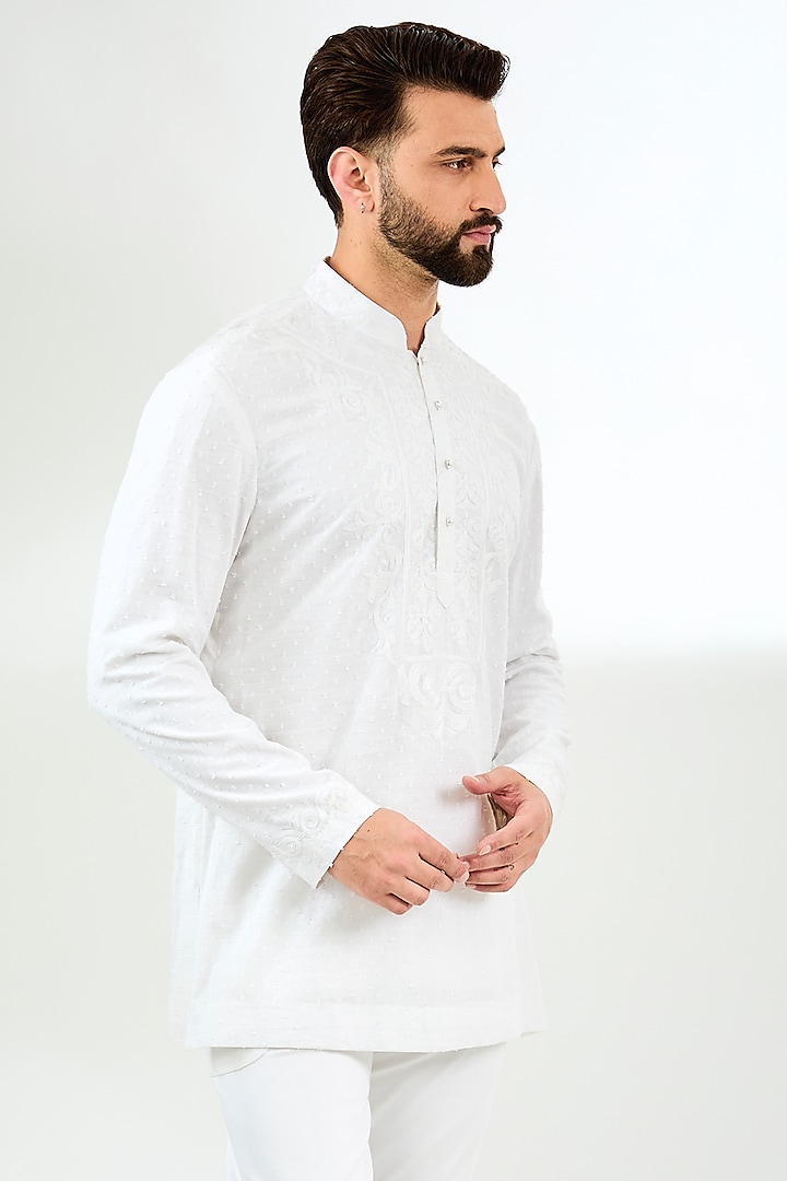 White Cotton Aari Embroidered Short Kurta by Arun Verma