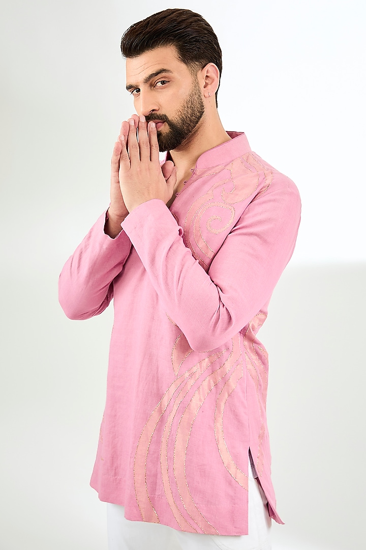 Pink Linen Applique Embroidered Short Kurta by Arun Verma