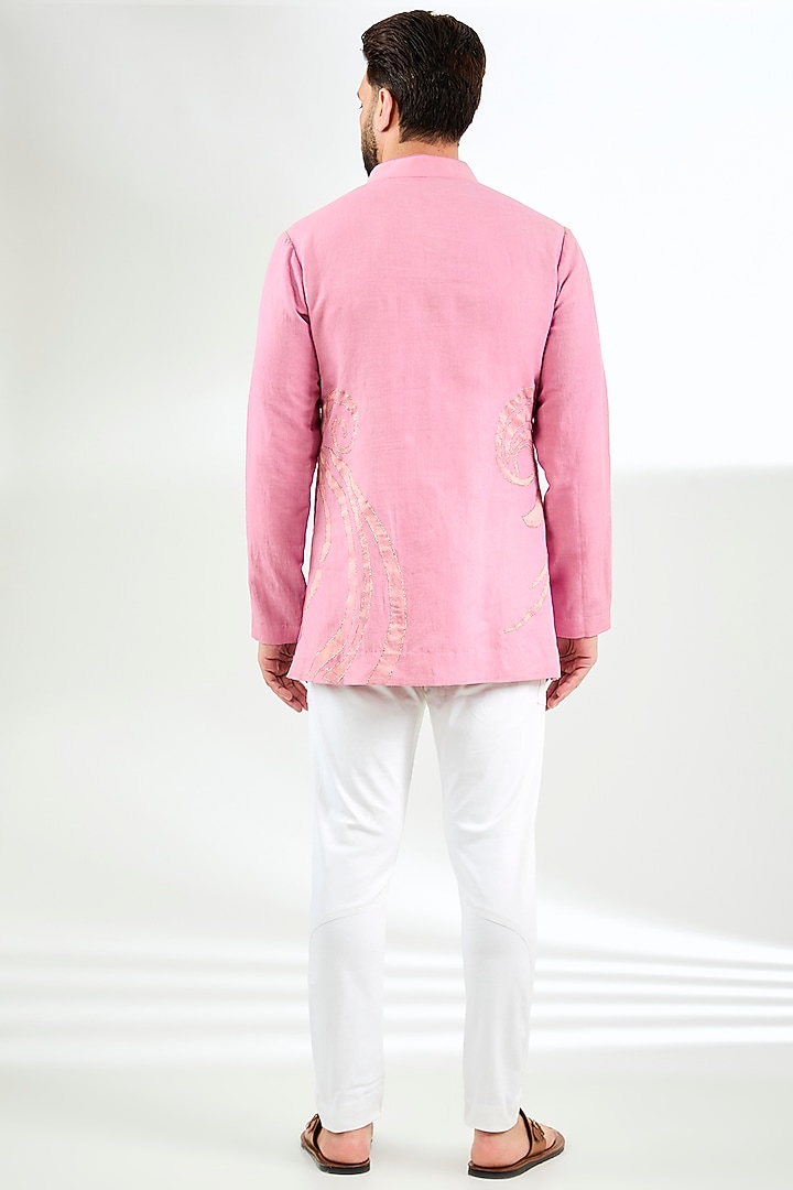 Pink Linen Applique Embroidered Short Kurta by Arun Verma at Pernia's Pop Up Shop