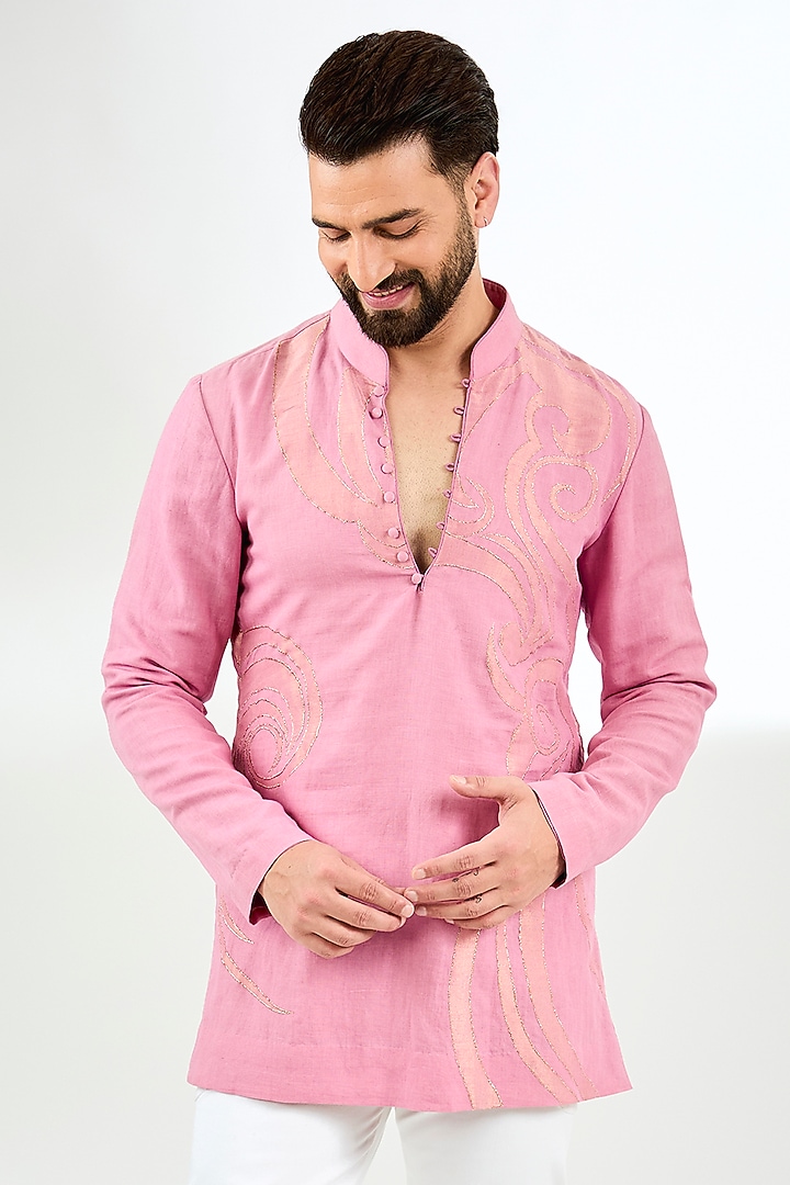 Pink Linen Applique Embroidered Short Kurta by Arun Verma at Pernia's Pop Up Shop