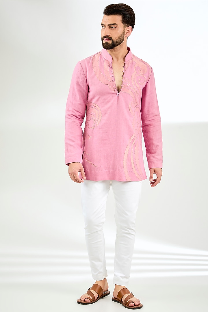 Pink Linen Applique Embroidered Short Kurta by Arun Verma at Pernia's Pop Up Shop