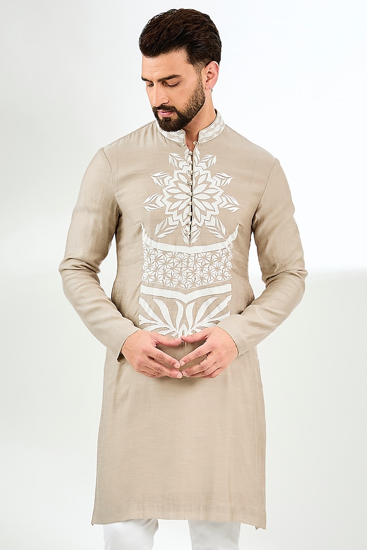 Beige Chanderi Silk Resham Embroidered Kurta by Arun Verma