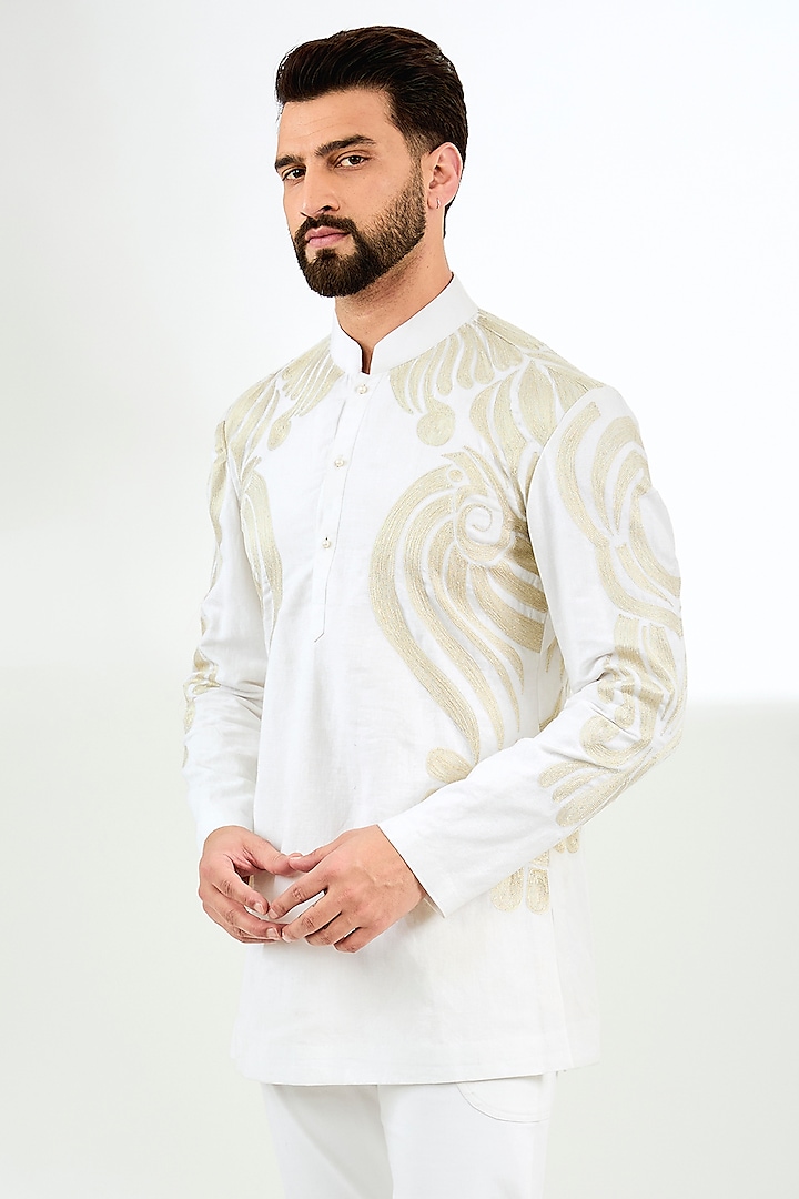 Ivory Linen Resham Embroidered Short Kurta by Arun Verma