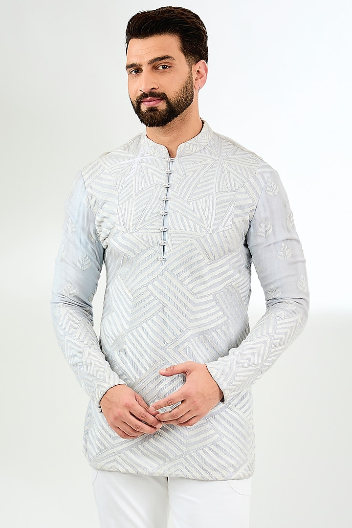 Blue Silk Geometric Embroidered Short Kurta by Arun Verma at Pernia's Pop Up Shop