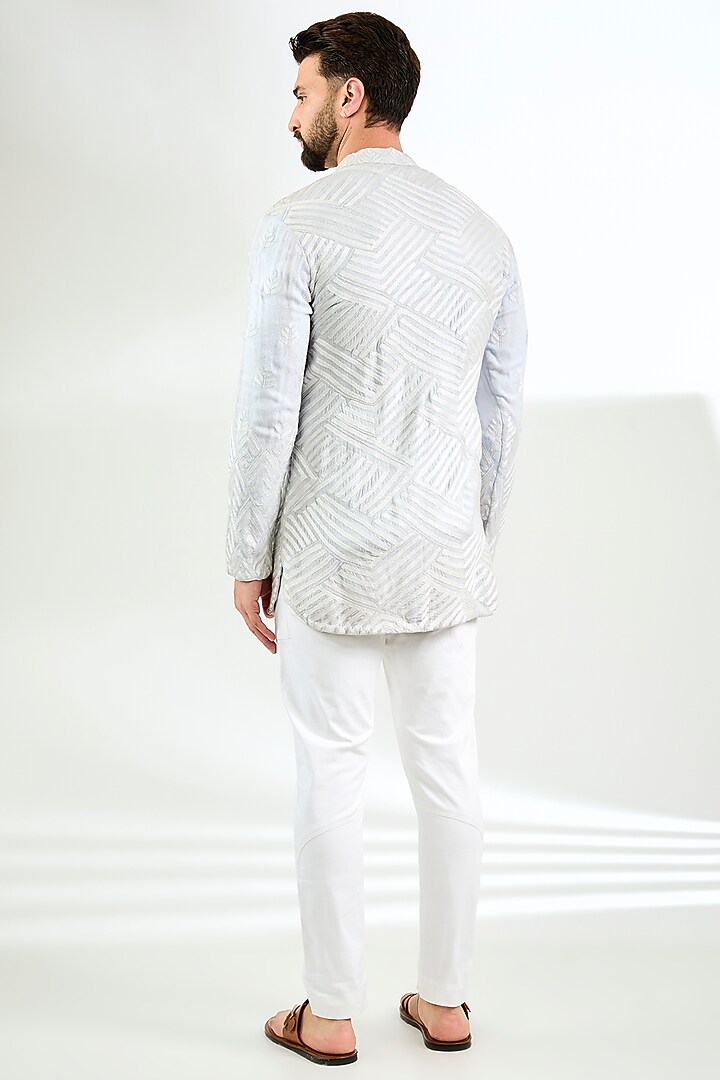 Blue Silk Geometric Embroidered Short Kurta by Arun Verma at Pernia's Pop Up Shop