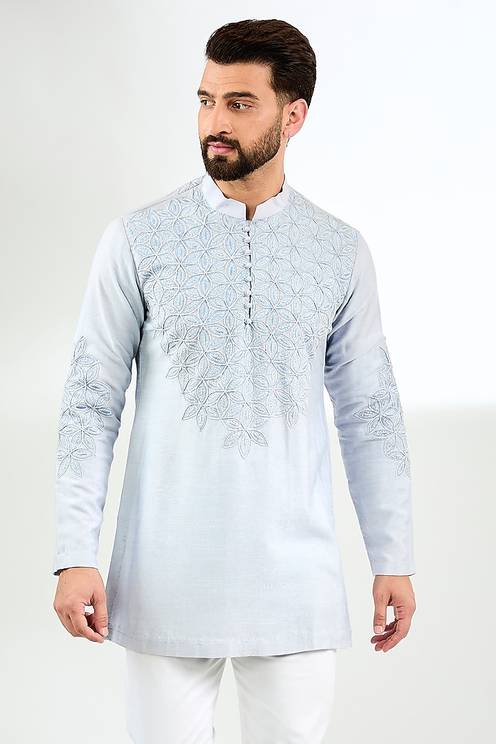 Pale Blue Silk Resham Thread Embroidered Short Kurta by Arun Verma