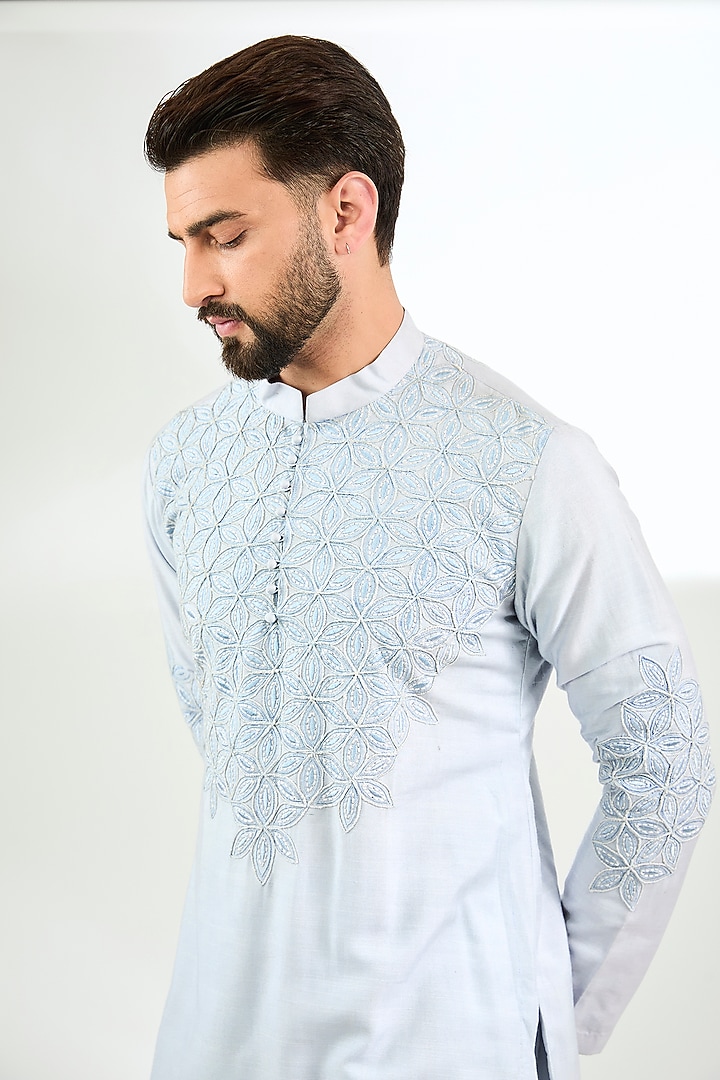 Pale Blue Silk Resham Thread Embroidered Short Kurta by Arun Verma at Pernia's Pop Up Shop