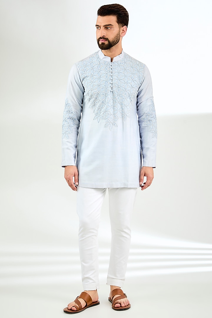 Pale Blue Silk Resham Thread Embroidered Short Kurta by Arun Verma at Pernia's Pop Up Shop