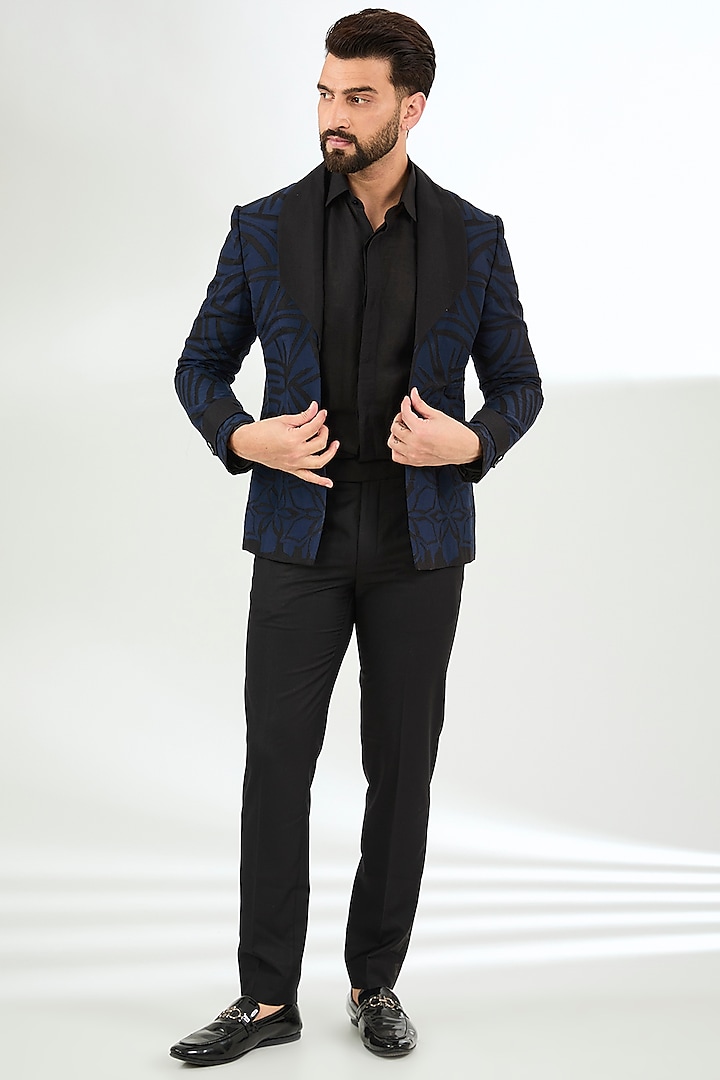 Black Linen Applique Embroidered Jacket Set by Arun Verma at Pernia's Pop Up Shop