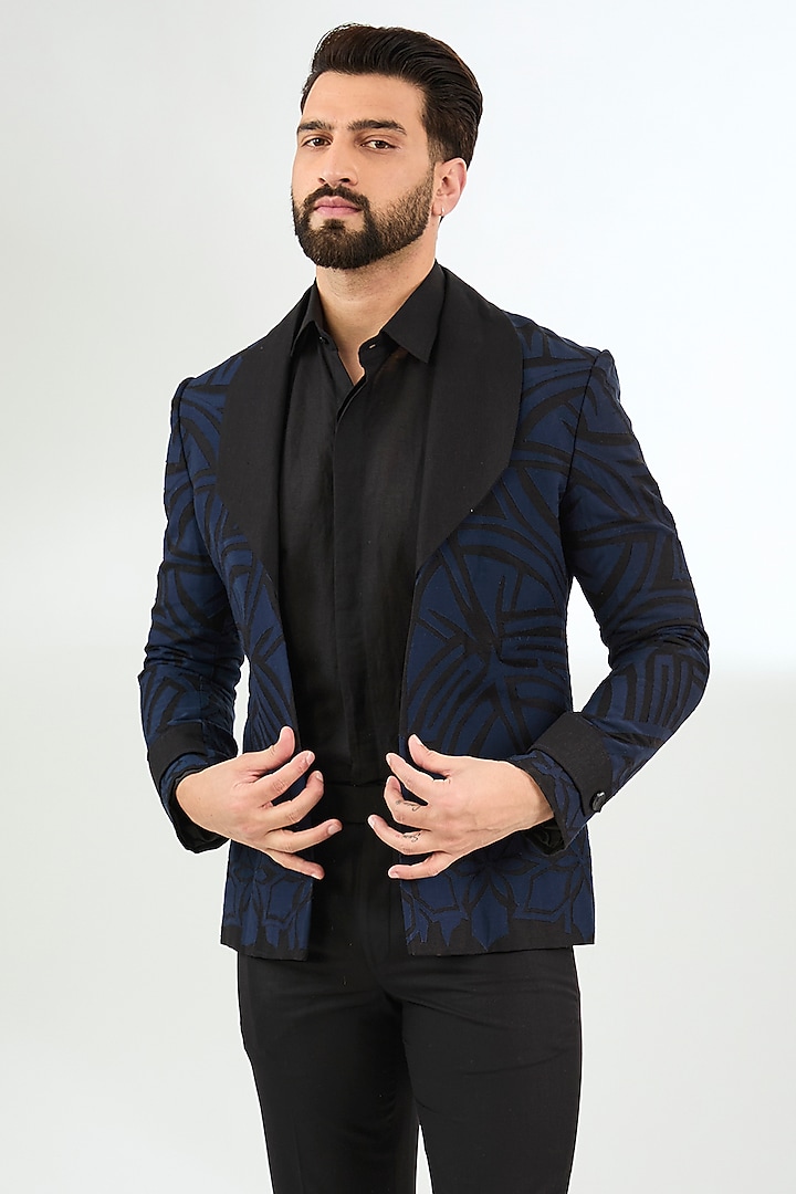 Black Linen Applique Embroidered Jacket Set by Arun Verma at Pernia's Pop Up Shop
