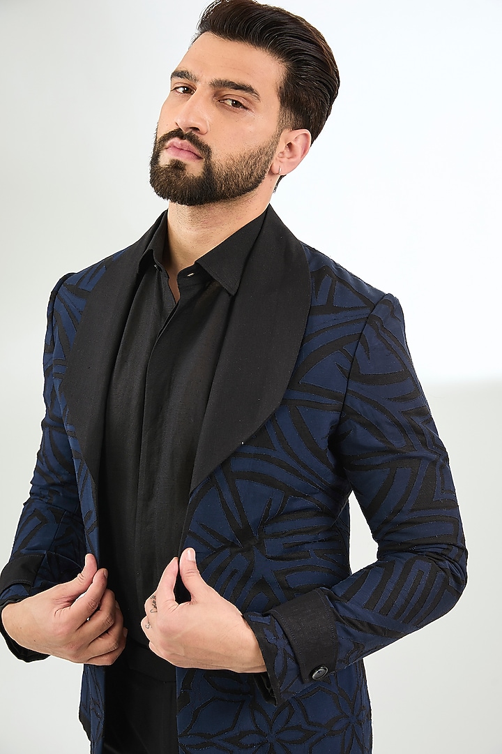 Black Linen Applique Embroidered Jacket Set by Arun Verma at Pernia's Pop Up Shop