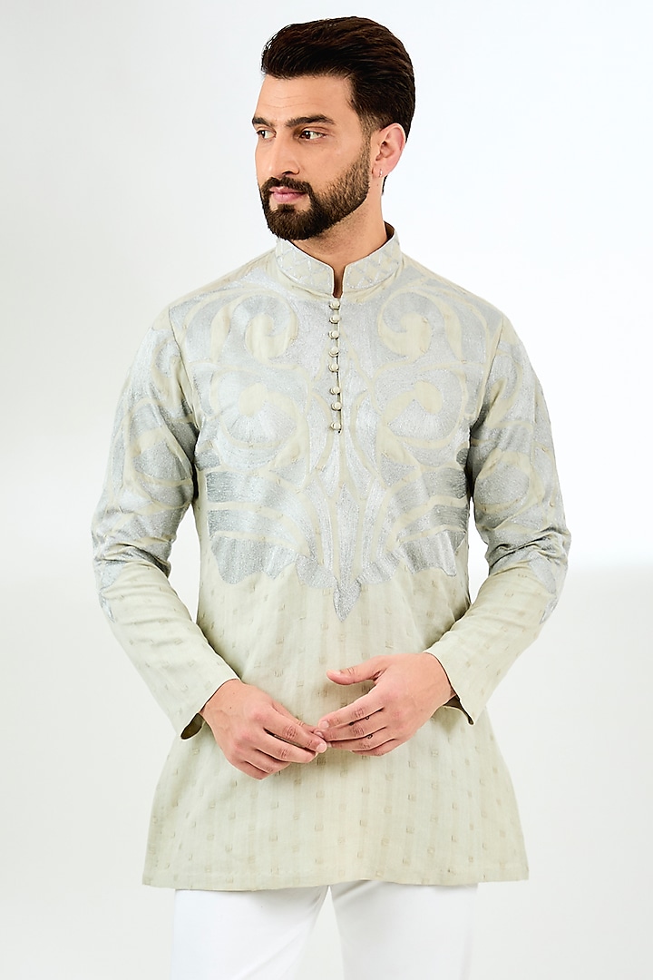 Grey Linen Thread & Aari Embroidered Short Kurta by Arun Verma